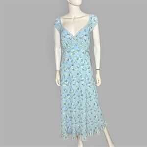 Max Studio Light Blue Floral Cap Sleeve Empire‎ Waist Maxi Dress